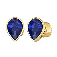 Bezel Set Pear Cut Created Gemstones (6x8MM) Solitaire Stud Earrings 14K Yellow Gold Over .925 Sterling Silver For Women's