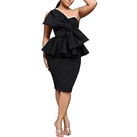 Womens Sexy Sleeveless Slant Shoulder Solid Ruffles Big Bowknot Bodycon Party Clubwear Business Office Dress