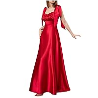Party Dress for Women Tie Shoulder Ruched Frill Trim Square Neck Satin Maxi Dress Sleeveless Backless Flowy Pleated Dress