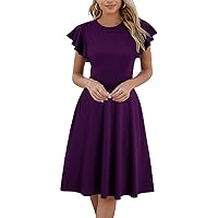HELYO Women's Semi-Formal Ruffle Sleeves V-Back Work Fit and Flare Cocktail Wedding Guest Dress with Pockets 842