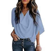 Women Cowl Neck Chiffon Blouse Draped Ruched Front Short Sleeve Loose Casual Shirt Top