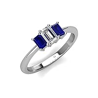 Emerald Cut (6x4 mm) Natural Diamond & Blue Sapphire 1 1/3 ctw 3 Stone Engagement Ring 14K Gold