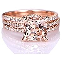 2 Ct Princess Cut Peach Morganite & Diamond Curved Promise Trio Halo Ring Band Set 14k Rose Gold Over Sterling Silver