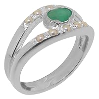 LBG 925 Sterling Silver Natural Emerald Cultured Pearl Womens Band Ring - Sizes 4 to 12 Available