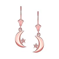 CRESCENT MOON AND STAR LEVERBACK EARRINGS IN 14K ROSE GOLD