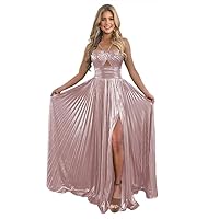 Metallic Sparkly Satin Prom Dresses with Slit 2024 Halter Pleated Evening Formal Gowns