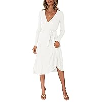 Pink Queen Women's Wrap Sweater Dress V Neck Long Sleeve Ribbed Swing Knit Midi Dresses with Belt White S