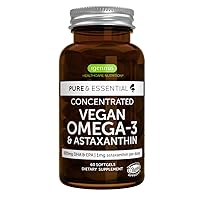 Pure & Essential Vegan Omega 3 & Astaxanthin, High Concentration EPA DHA Algae Oil, Non-GMO, Sustainable & Pure, 600mg DHA & EPA for Heart, Brain & Eyes, 60 Small Softgels