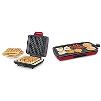 Dash Deluxe No-Drip Belgian Waffle Iron Maker Machine 1200W + Hash Browns, Red & Everyday Nonstick Deluxe Electric Griddle with Removable Cooking Plate, 20” x 10.5”, 1500-Watt, Red
