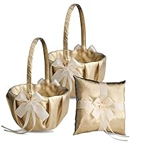 Gold & Ivory Wedding Ring Bearer Pillow and Flower Girl Basket Set – Satin & Ribbons – Pairs Well with Most Dresses & Themes – Splendour Every Wedding Deserves