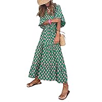 Women's Puff Sleeve Maxi Plus Size Dress V Neck Flowy Sundress Boho Block Print Dress Large