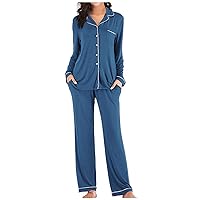 Modal Pajamas Set 2Pcs Outfits Button Down Long Sleeve T-Shirts and Straight Leg Pants Nightwear Soft Lounge Pj Sets