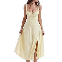 Print Bustier Sundress, Women's Sexy Slit Long Printed Dress Corset Spaghetti Straps Beach Strap Dress for Women