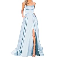 Women's Spaghetti Strap Maxi Long Summer Dresses Spring Evening Party Backless Sling Split Satin Solid Casual