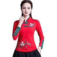 Cheongsam Women Plus Size Autumn Cotton Blend Embroidery Stand Collar Chinese Qipao Shirts Woman
