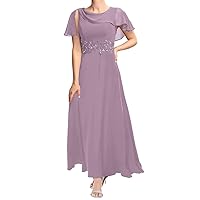 Tea Length Mother of The Bride Dresses for Wedding Lace Appliques Chiffon Formal Evening Gown with Flutter Sleeves