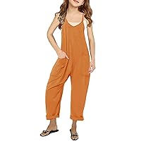 Girls Casual Jumpsuits Spaghetti Strap Sleeveless Loose Romper Long Pants with Pockets Kids Clothes