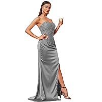 Women's Strapless Beads Formal Evening Dresses Split A Line Prom Party Gown