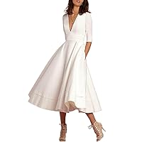 Little White Dresses 1950s Vintage Retro Style Rockabilly v Neck Tea Length Satin Pinup Party Dress