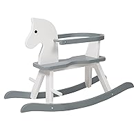 Wooden Rocking Horse - White & Gray - Solid Wood Lacquered, Ride-On, Grows With the Child, Removable Protective Ring, 55 Lb Capacity, For 18+ Months