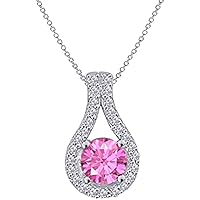 Created Round Cut Pink Sapphire & White Diamond 925 Sterling Silver 14K Gold Over Diamond Halo Pendant Necklace for Women's & Girl's