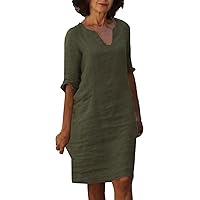 Summer Sundresses Cute 3/4 Sleeve Party Solid Spring Color Block Knee-Length High Waisted Vintage Linen V-Neck 2024
