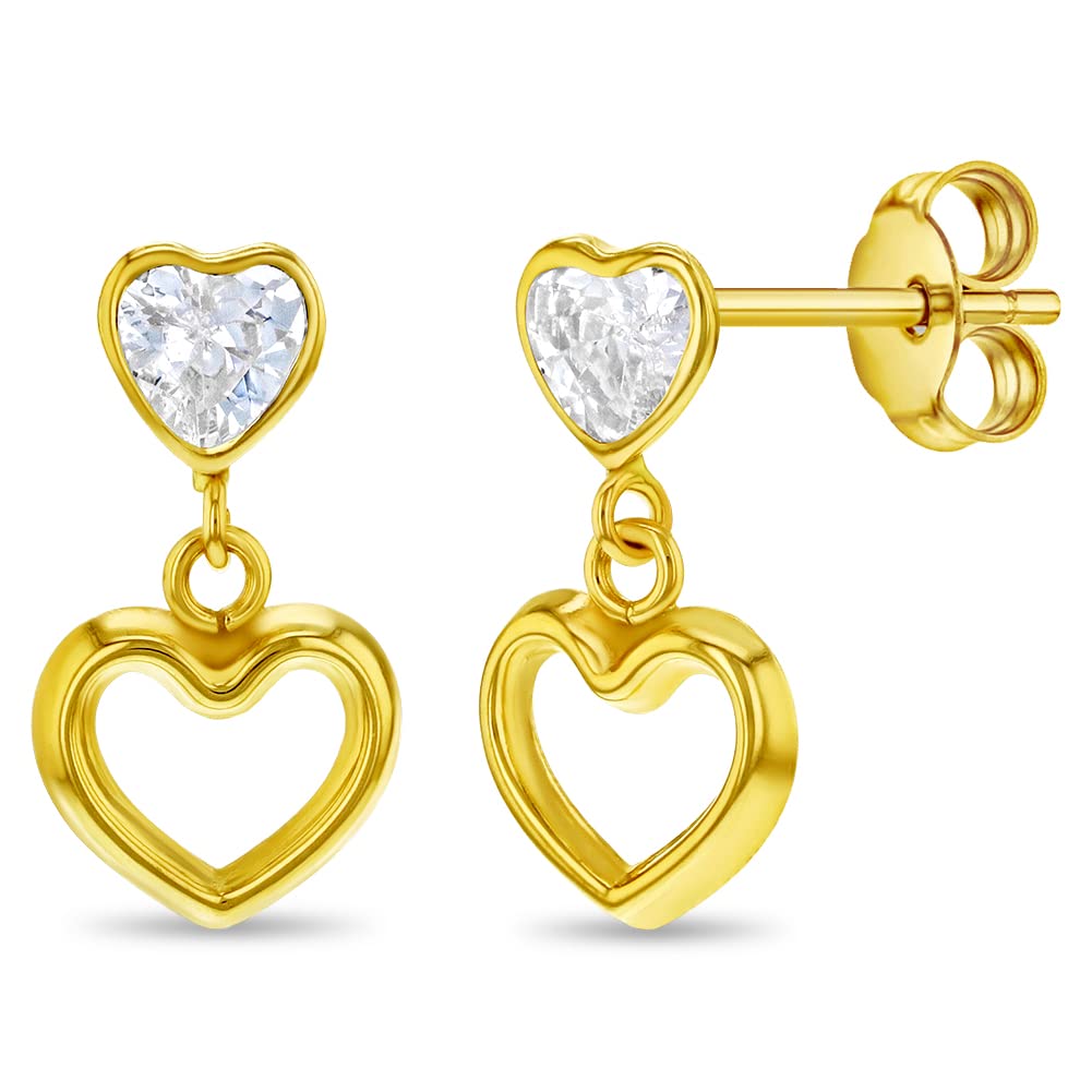 14k Yellow Gold Cubic Zirconia Sweet Heart Dangle Dangling Stud Earrings for Young Girls and Preteens - Lovely and Elegant 14k Gold Heart-Shaped Earrings for Girls - Gift for Birthdays or Holidays
