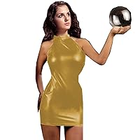 Sexy Women Mini Dress Shiny Halter Vestido Backless Bodycon Dress (Yellow,6XL)