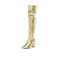 Women's Metallic Thigh High Boots Pointed Toe Over The Knee High Boots Party Prom Chunky High Heels Side Zipper