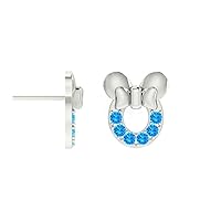 2MM Swiss Blue Topaz Round Cut Mickey Mouse Earring For Womens Tiny Girl 14K White Gold Over Sterling Sliver