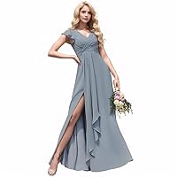 Ball Gowns and Evening Dresses Slit Ruffled Sleeve Empire Waist Chiffon Bridesmaid Dresses for Women with Pockets