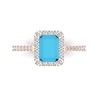 1.95ct Emerald Cut Solitaire with Accent Halo Simulated Cubic Zirconia Blue Turquoise Modern Statement Ring 14k Rose Gold
