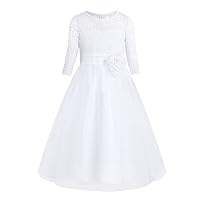 FEESHOW Floral Lace Flower Girl Dress Half Sleeved First Communion Wedding Bridesmaid Party Prom Gown