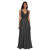 Women's V Neck Satin Bridesmaid Dresses A Line Applique Long Formal Prom Party Gowns with Pockets