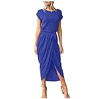 Holiday Coktail Homewear Short Sleeve Dress for Women Long Slim Fit Stretch Belt Dress Thin Round Neck Solid Tunic Dress Ladies Blue