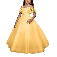 VeraQueen Girl's Off Shoulder Tulle Wedding Princess Dress Spaghetti Straps Shorts Sleeves Flower Girls Dresses