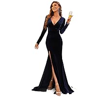 Womens Fall Fashion 2022 Plunging Neck Split Thigh Velvet Prom Dress (Color : Navy Blue, Size : Small)