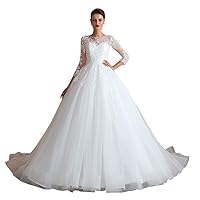 Vintage Lace Wedding Dress Tulle Bridal Gown with 3/4 Sleeves