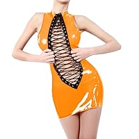 12 Colors O-Neck Lace Up Tank Dress Ladies Wetlook PVC Mini Dress (Orange,3XL)