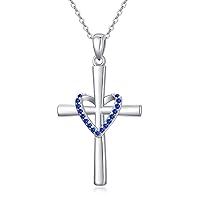 Birthstone Cross Necklace 925 Sterling Silver Heart Cross Pendant Necklace Religious Faith Zircon Cross Necklace for Women Girls Ladies Jewelry Gifts