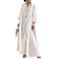 White Casual Long Dress Women Oversize Up Female Loose V Neck Embroidered Ladies Out Beach