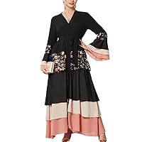 Woman Sequins Patchwork Maxi Dress Flare Long Sleeve V-Neck Belted Evening Dress Multi-Layered Ruffle Dress
