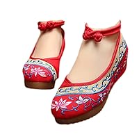 Vintage Women Canvas Lotus Shoes Ladies Floral Cotton Fabric Embroidered Strappy Flat Red 4
