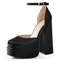 Ankis Womens Chunky Platform Heels Closed Toe Heels for Women 5.7in Square Toe Platform Pumps Ankle Strap Hot Pink White Red Black Satin Platforms Heels Dress Shoes for Wedding Party Prom Pumps Shoes