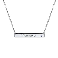 Personalized Vaccinated Horizontal Name Plated Bar Vaccination Pendant Necklaces Vaccines Shot Message Awareness Jewelry For Women .925 Sterling Silver Birthday Month Crystal Colors