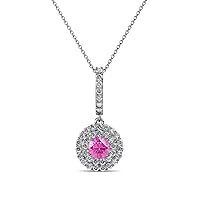 Pink Sapphire & Natural Diamond Halo Pendant 0.51 ctw 14K White Gold. Included 18 Inches Gold Chain.