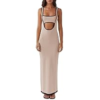 Fisoew Women's Sexy Cut Out Maxi Dress Backless Contrast Color Sleeveless Party Cocktail Bodycon Long Dresses