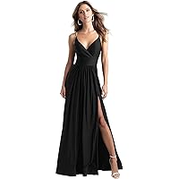 Women Deep V-Neck A-line Satin Side Slit Prom Dress Long Spaghetti Strap Ruched Formal Bridesmaid Gown