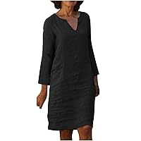 Women Casual Dressy Rolled-Up Long Sleeve Tunic Dress Cotton Linen V-Neck Fashion Fitted Baisc Knee Pencil Dresses