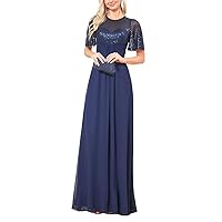 Blue Sequin Evening Dress Prom Short Sleeve Chiffon Backless A-Line Gowns